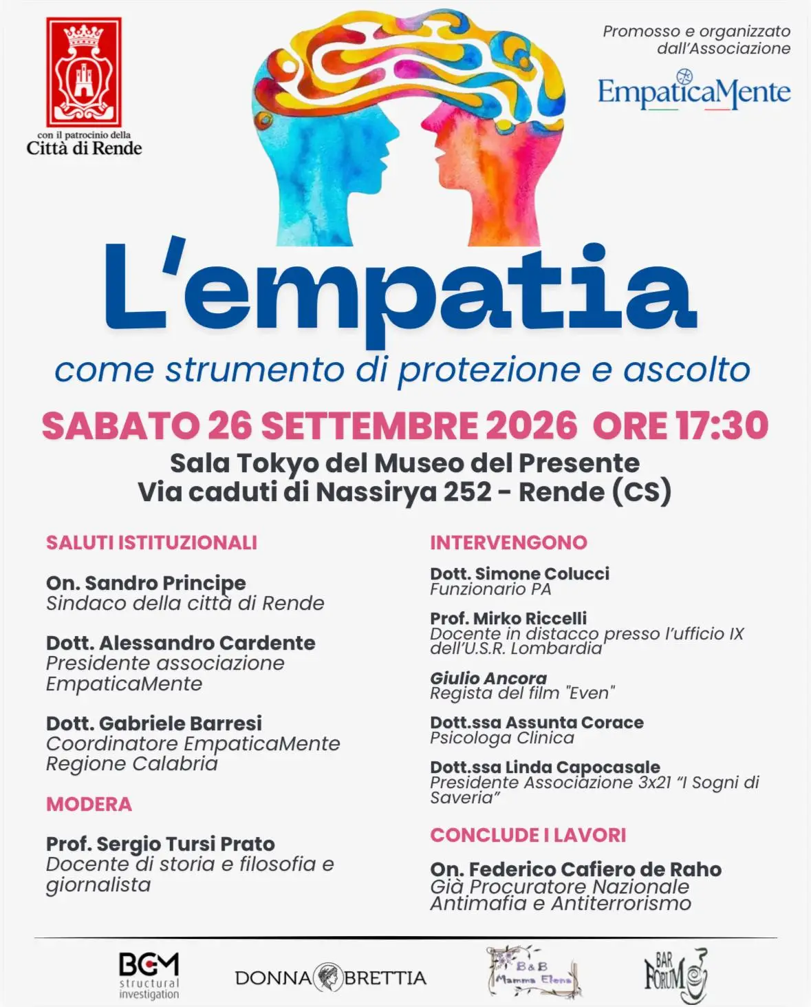 Locandina del convegno L'empatia come strumento di protezione e ascolto, Rende 26 settembre 2026